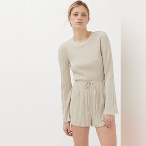 Urban Outfitters Cream Ribbed Long-Sleeve Drawstring Romper